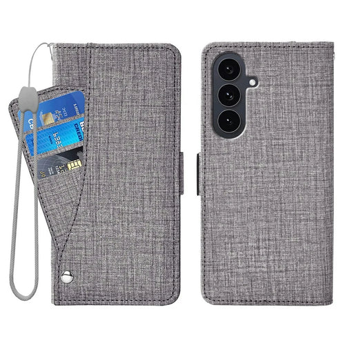 For Samsung Galaxy A27 5G Case Jean Cloth Texture PU Leather Wallet Phone Cover with Rotating Card Slots - Grey - 1