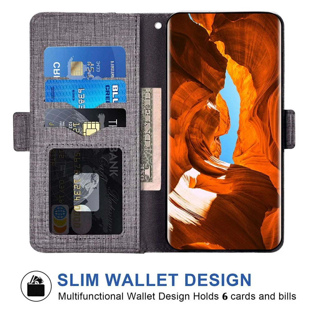 For Samsung Galaxy A27 5G Case Jean Cloth Texture PU Leather Wallet Phone Cover with Rotating Card Slots - Grey - 2