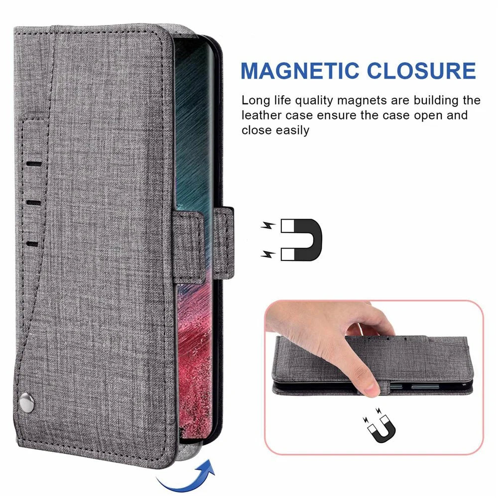 For Samsung Galaxy A27 5G Case Jean Cloth Texture PU Leather Wallet Phone Cover with Rotating Card Slots - Grey - 4