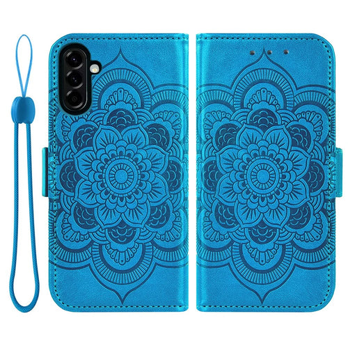 For Samsung Galaxy A27 5G Case Peony Imprinted  TPU PU Leather Wallet Phone Cover with Wrist Strap - Blue - 1