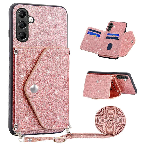 For Samsung Galaxy A27 5G Case Card Holder Kickstand PU Leather + TPU Glitter Phone Cover with Shoulder Strap - Pink - 1