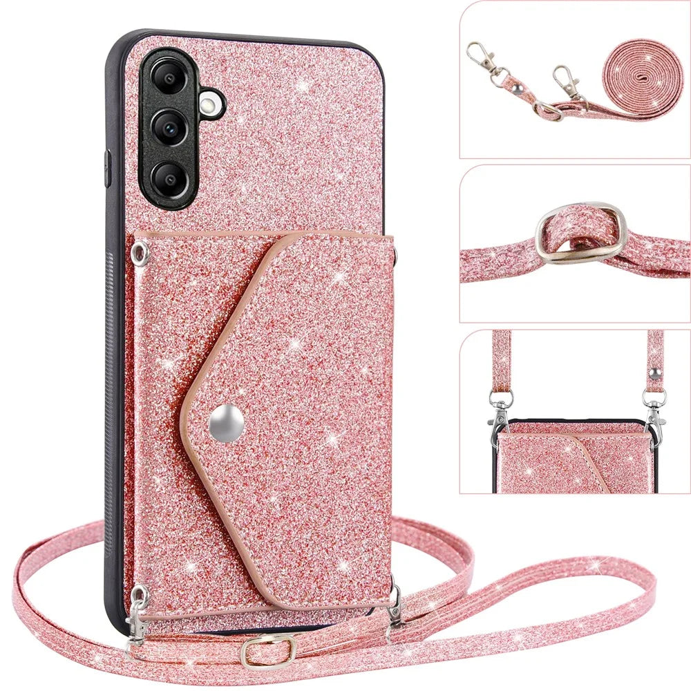 For Samsung Galaxy A27 5G Case Card Holder Kickstand PU Leather + TPU Glitter Phone Cover with Shoulder Strap - Pink - 2