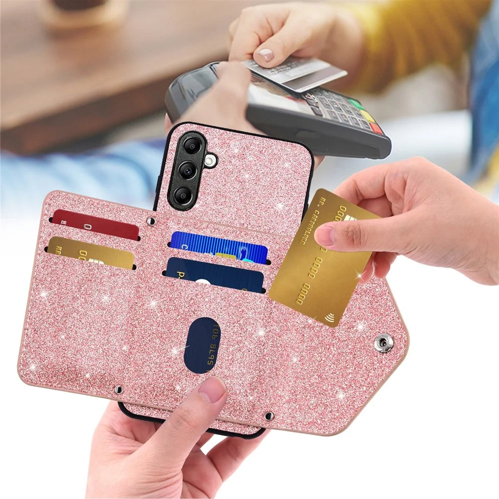 For Samsung Galaxy A27 5G Case Card Holder Kickstand PU Leather + TPU Glitter Phone Cover with Shoulder Strap - Pink - 3