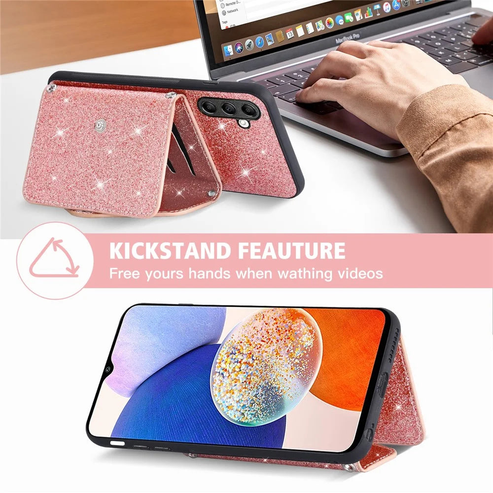 For Samsung Galaxy A27 5G Case Card Holder Kickstand PU Leather + TPU Glitter Phone Cover with Shoulder Strap - Pink - 4