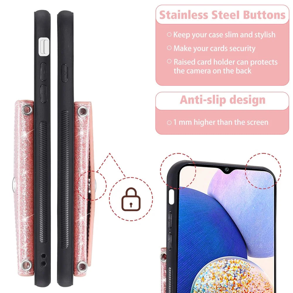 For Samsung Galaxy A27 5G Case Card Holder Kickstand PU Leather + TPU Glitter Phone Cover with Shoulder Strap - Pink - 5