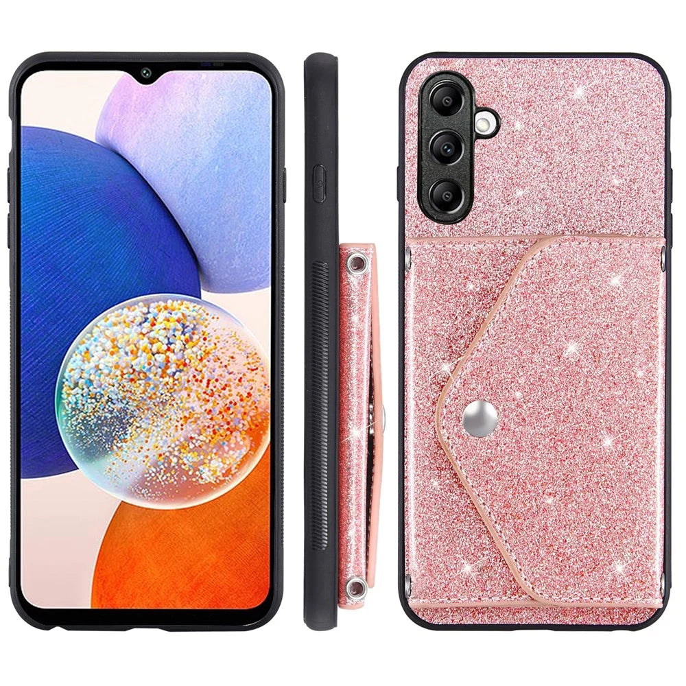 For Samsung Galaxy A27 5G Case Card Holder Kickstand PU Leather + TPU Glitter Phone Cover with Shoulder Strap - Pink - 7