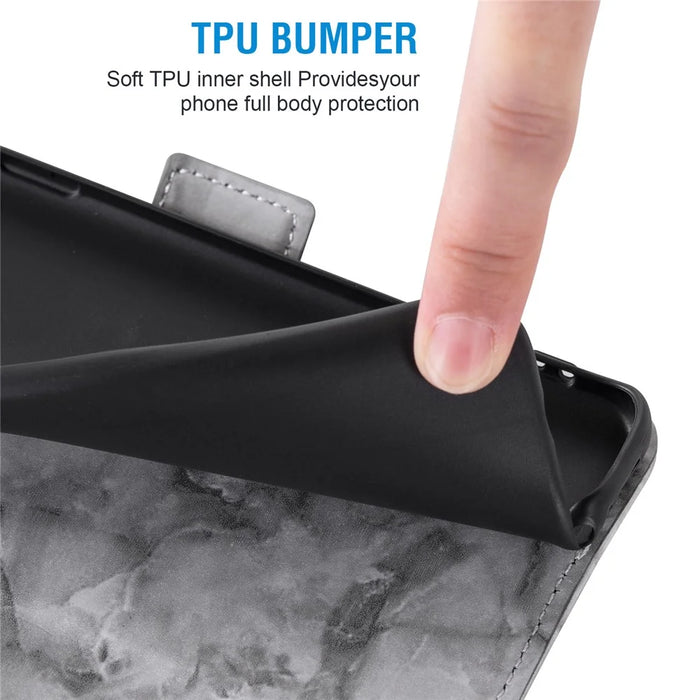 For Samsung Galaxy A27 5G Leather Case Marble Pattern Phone Wallet Stand Cover with Wrist Strap - Grey - 4