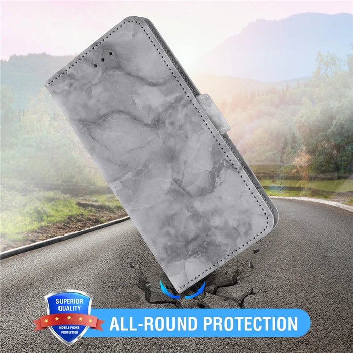 For Samsung Galaxy A27 5G Leather Case Marble Pattern Phone Wallet Stand Cover with Wrist Strap - Grey - 5