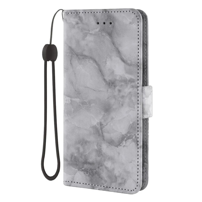 For Samsung Galaxy A27 5G Leather Case Marble Pattern Phone Wallet Stand Cover with Wrist Strap - Grey - 6