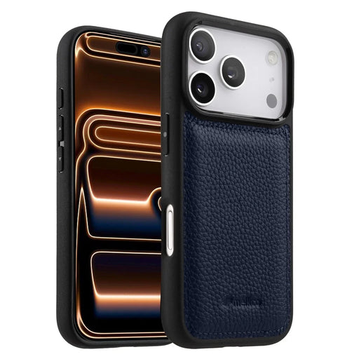 MELKCO For iPhone 17 Pro Max Case Genuine Cow Leather Coated PC Phone Cover - Dark Blue - 1