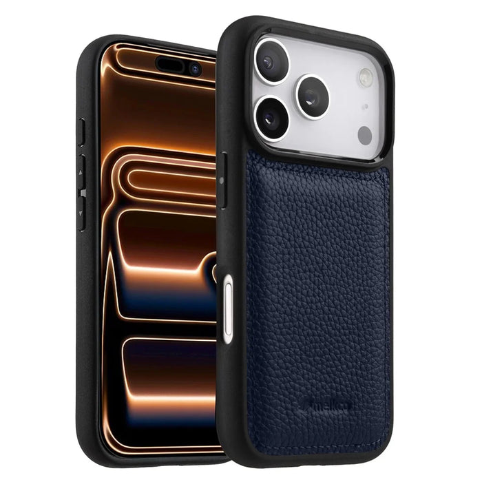 MELKCO For iPhone 17 Pro Max Case Genuine Cow Leather Coated PC Phone Cover - Dark Blue - 1