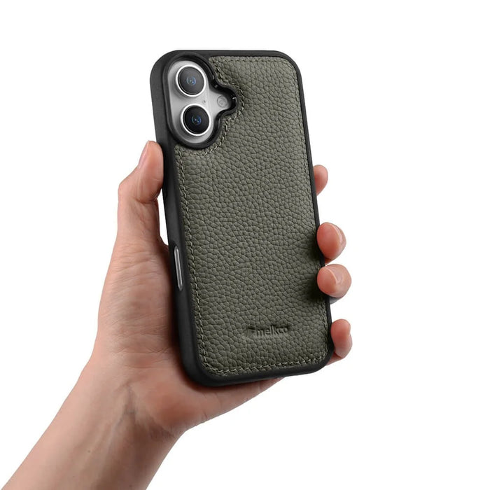 MELKCO For iPhone 17 Case Genuine Cow Leather Coated PC Phone Cover  - Grey - 6