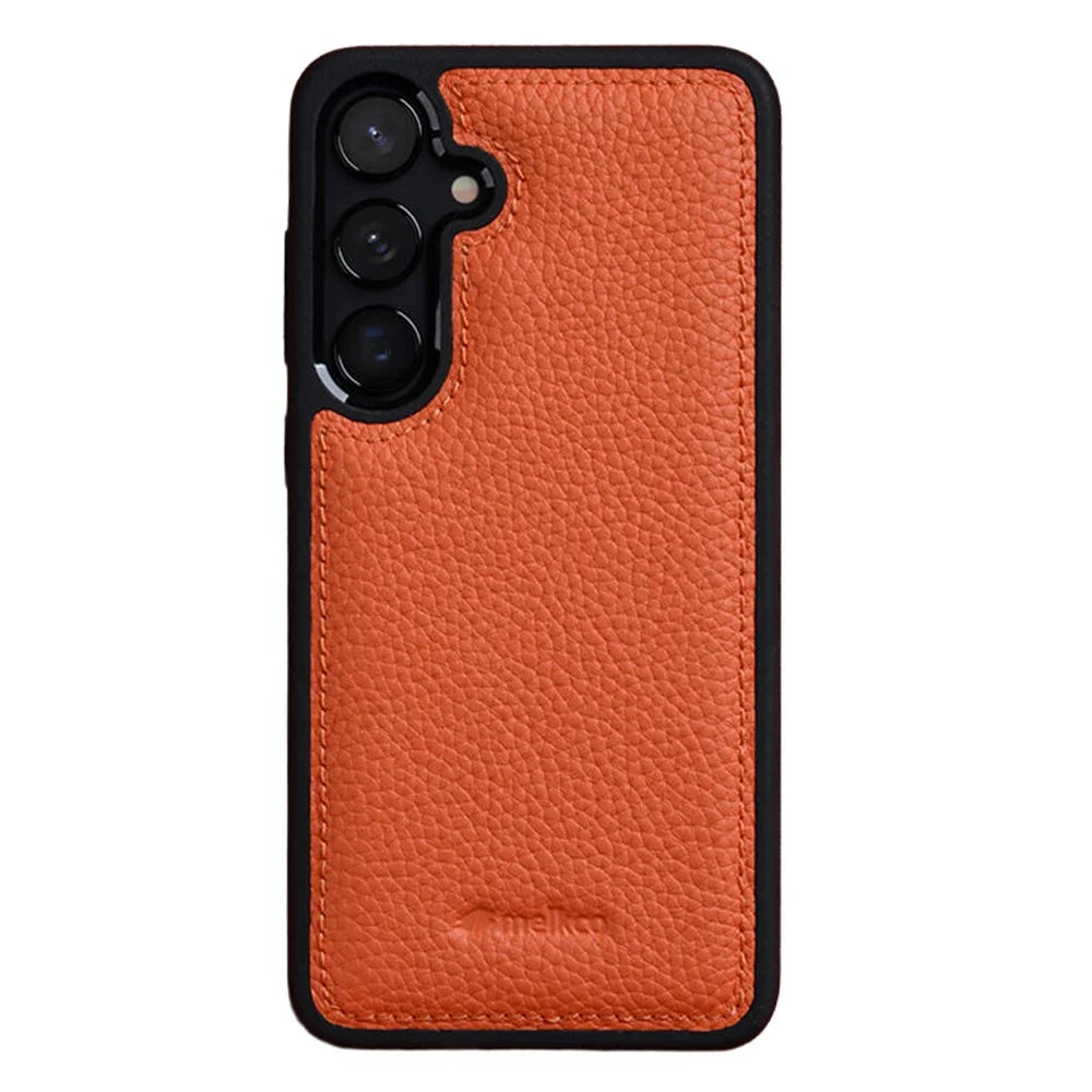 MELKCO For Samsung Galaxy S26+ Cow Leather Coated PC Phone Cover - Orange - 1