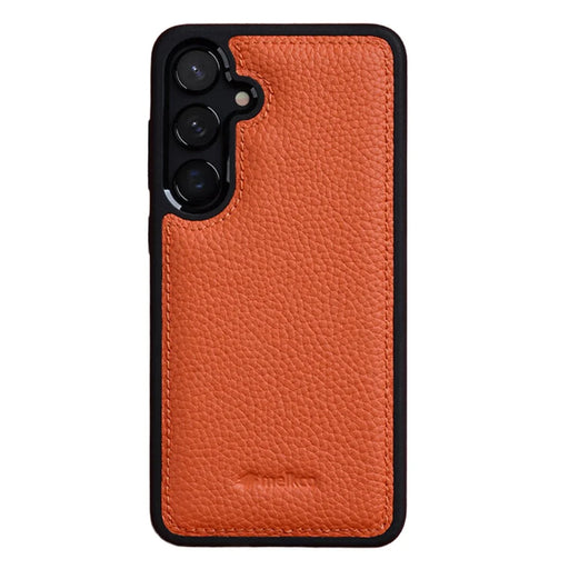 MELKCO For Samsung Galaxy S25+ Case Genuine Cow Leather Coated PC Phone Cover - Orange - 1