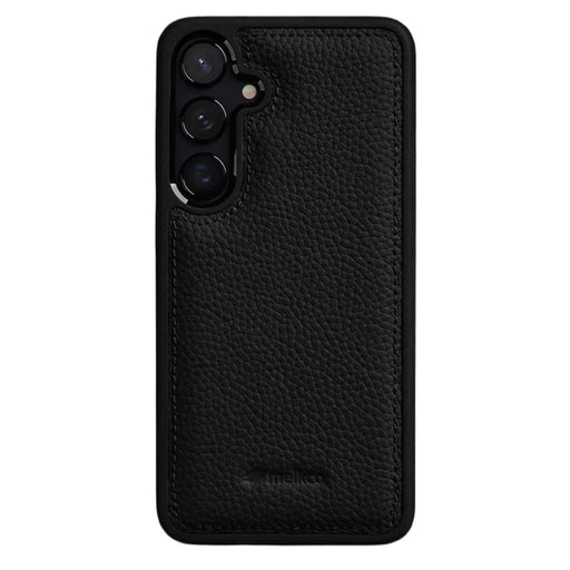 MELKCO For Samsung Galaxy S25 Case Genuine Cow Leather Coated PC Phone Cover - Black - 1