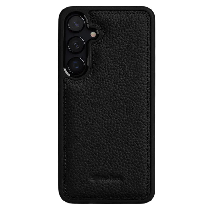 MELKCO For Samsung Galaxy S25 Case Genuine Cow Leather Coated PC Phone Cover - Black - 1