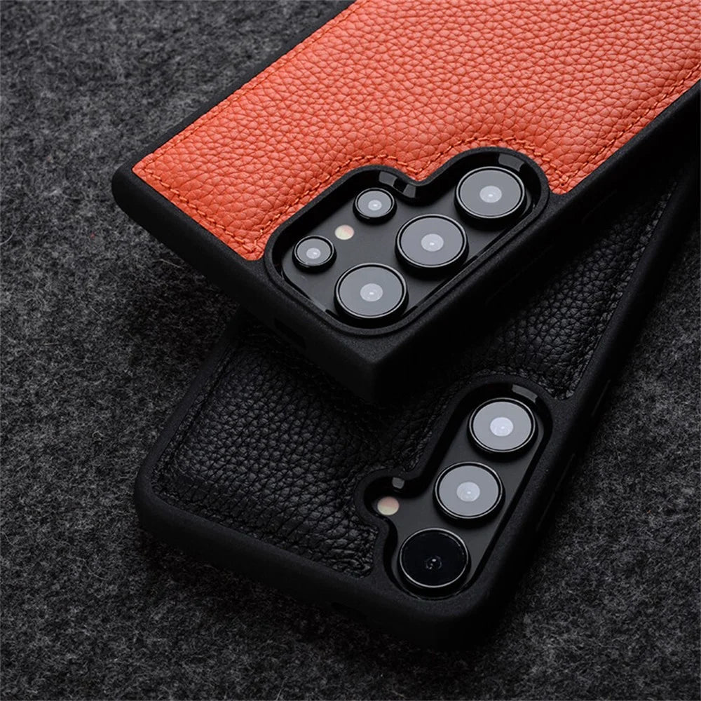 MELKCO For Samsung Galaxy S25 Ultra Case Genuine Cow Leather Coated PC Phone Cover - Orange - 3