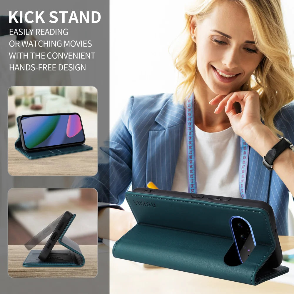 YIKATU for Google Pixel 11 Pro XL  YK-001 Phone Cases Magnetic Closure PU Leather Mobile Cover - Green - 3