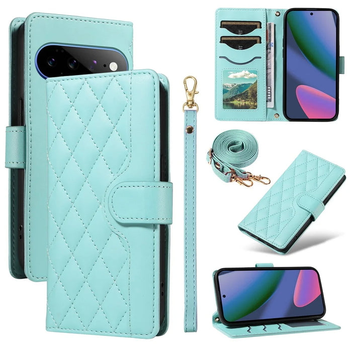 For Google Pixel 11 Pro XL Wallet Case Rhombus Leather Phone Cover with Strap - Green - 1