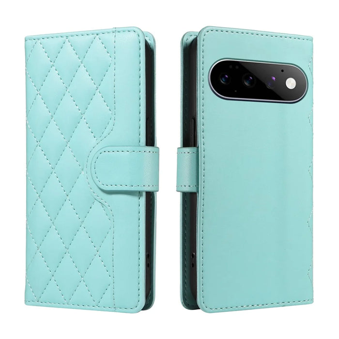 For Google Pixel 11 Pro Wallet Case Rhombus Leather Phone Cover with Strap - Green - 2