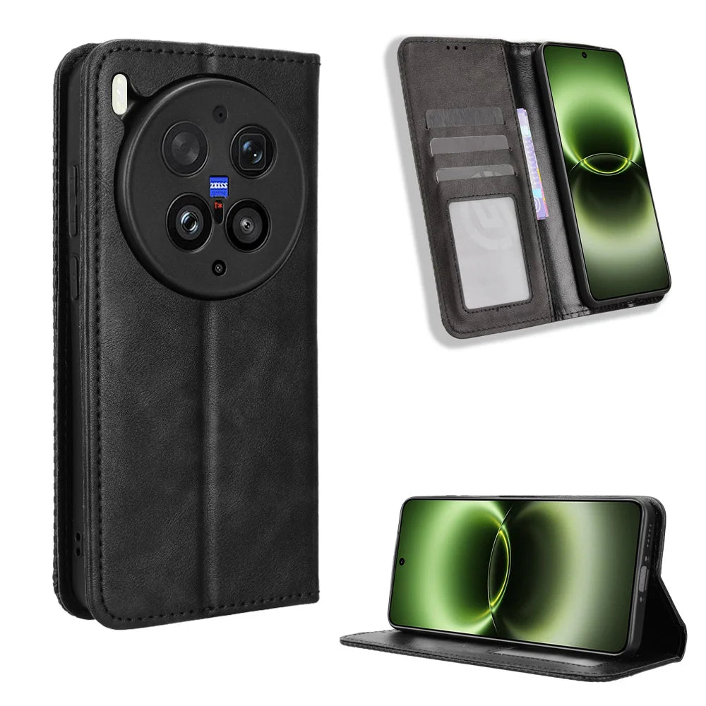 For vivo X300 Ultra 5G Leather Case Wallet Stand Retro Texture Phone Cover - Black - 1