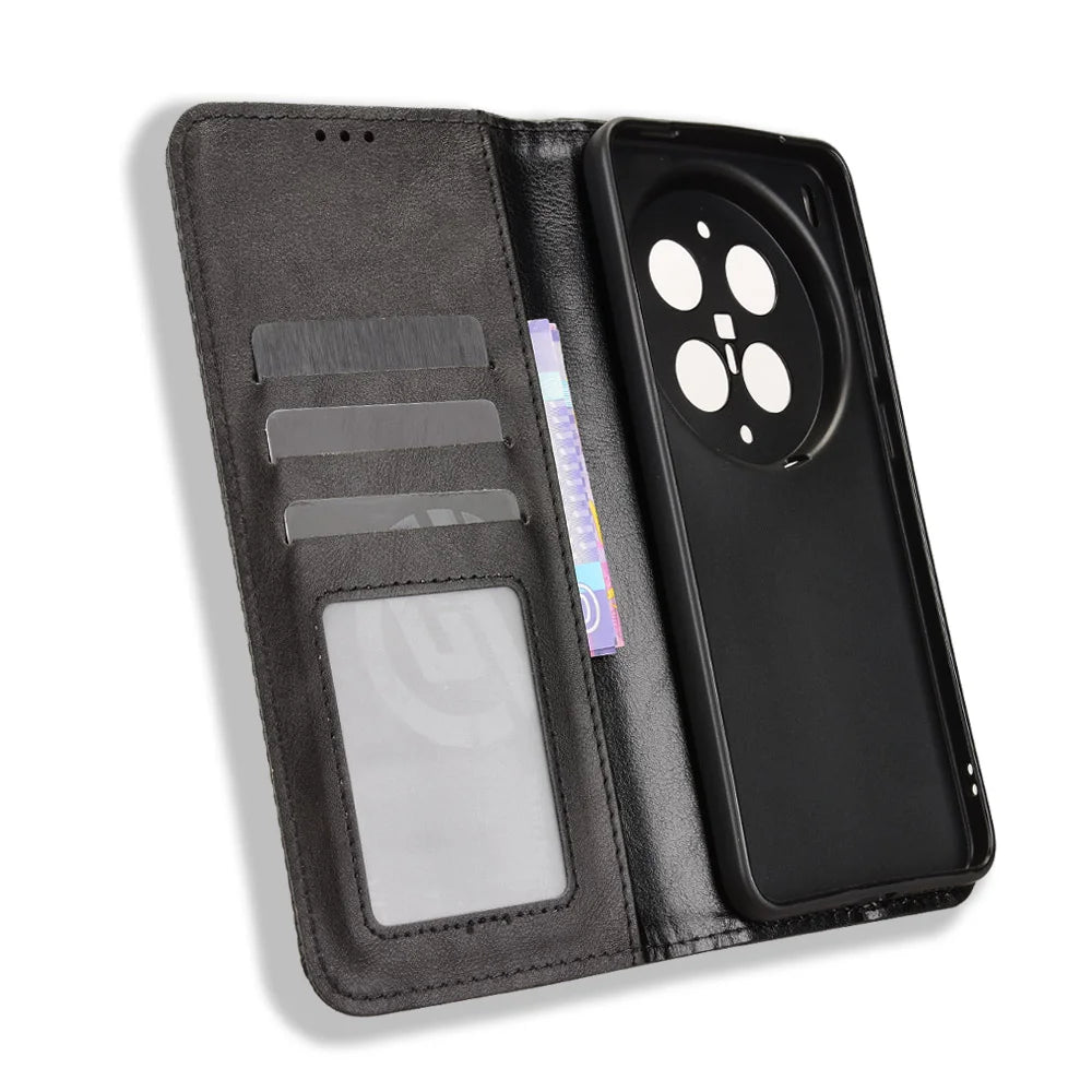 For vivo X300 Ultra 5G Leather Case Wallet Stand Retro Texture Phone Cover - Black - 5