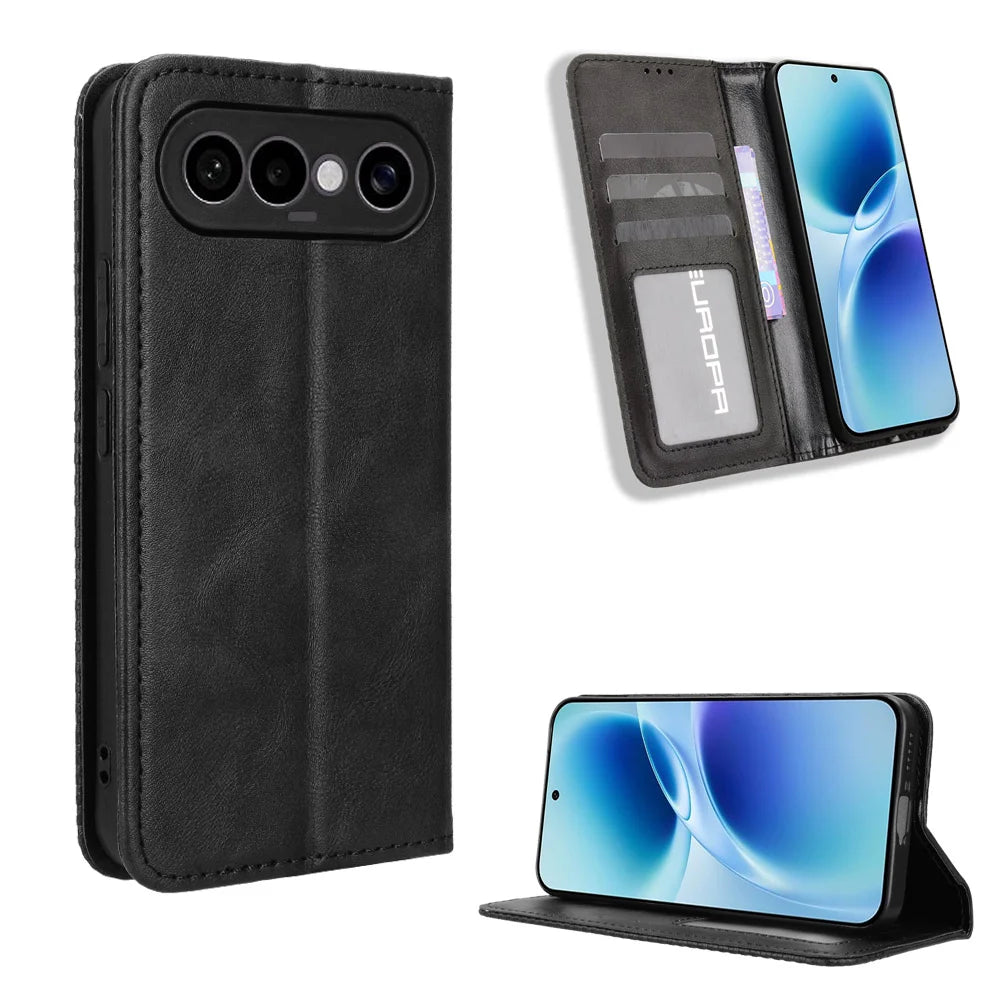 For vivo S50 Pro mini 5G / vivo X300 FE 5G Leather Case Wallet Stand Retro Texture Phone Cover - Black - 1