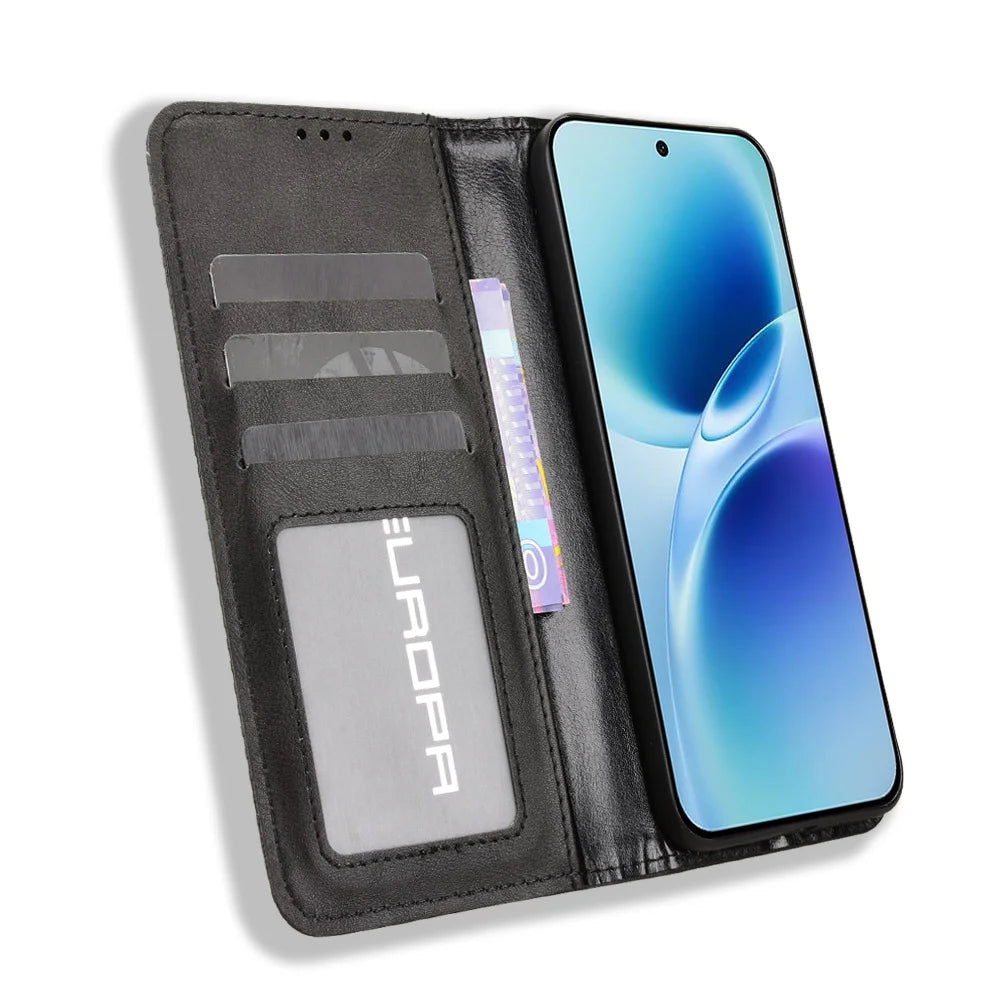 For vivo S50 Pro mini 5G / vivo X300 FE 5G Leather Case Wallet Stand Retro Texture Phone Cover - Black - 6