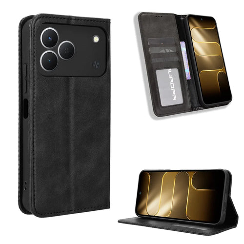 For TECNO Spark 50 4G Leather Case Wallet Stand Retro Texture Phone Cover - Black - 1