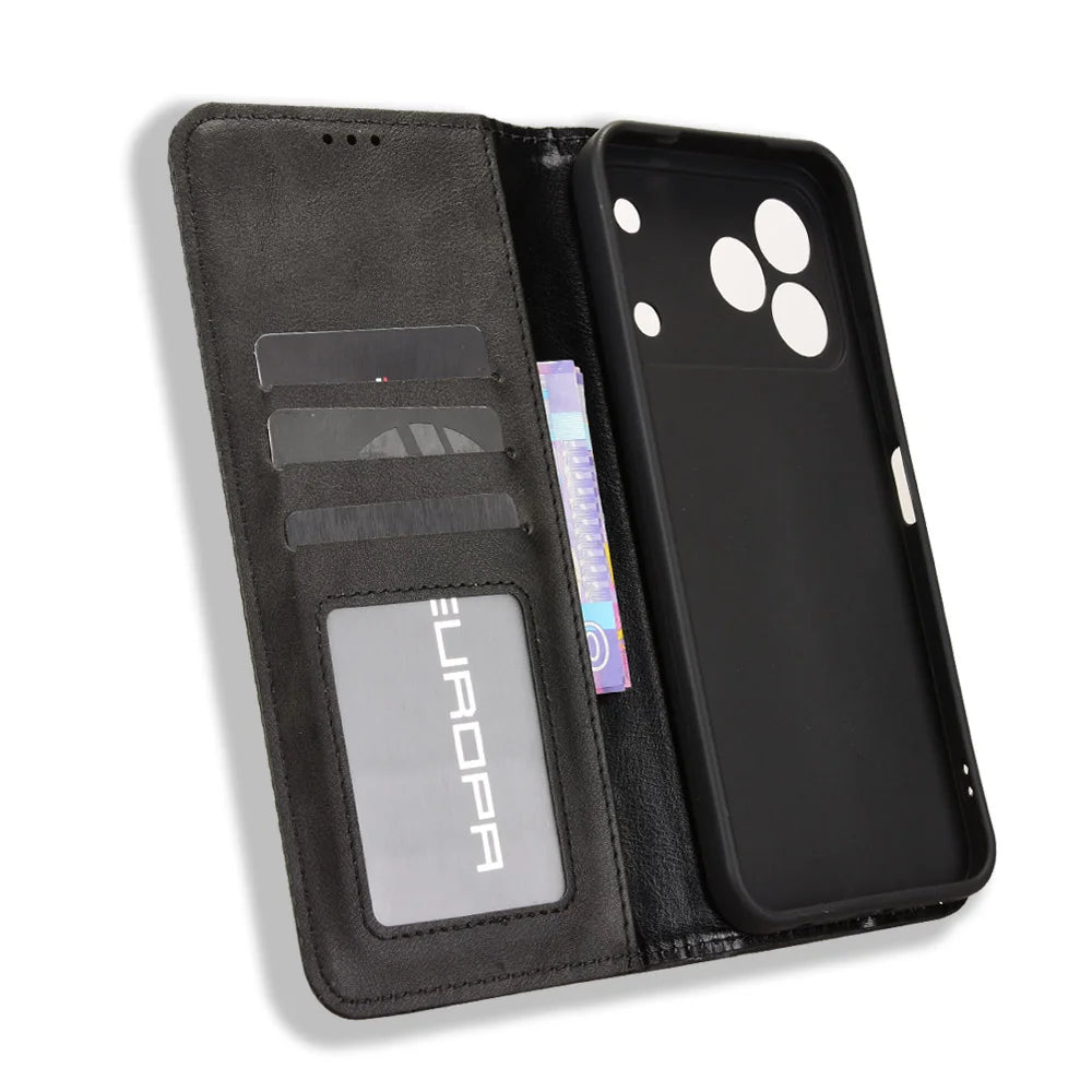 For TECNO Spark 50 4G Leather Case Wallet Stand Retro Texture Phone Cover - Black - 5