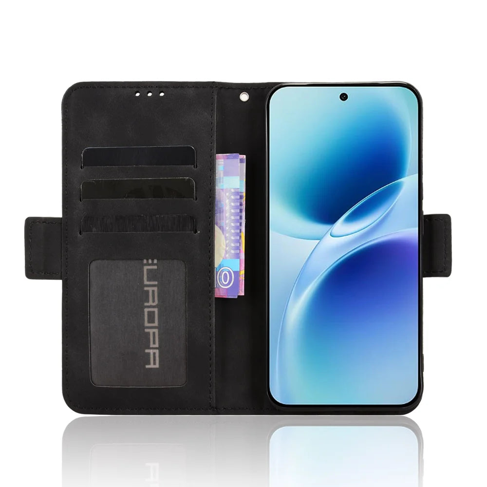 For vivo S50 Pro mini 5G / vivo X300 FE 5G Leather Case Phone Wallet Cover with Multiple Card Slots - Black - 5