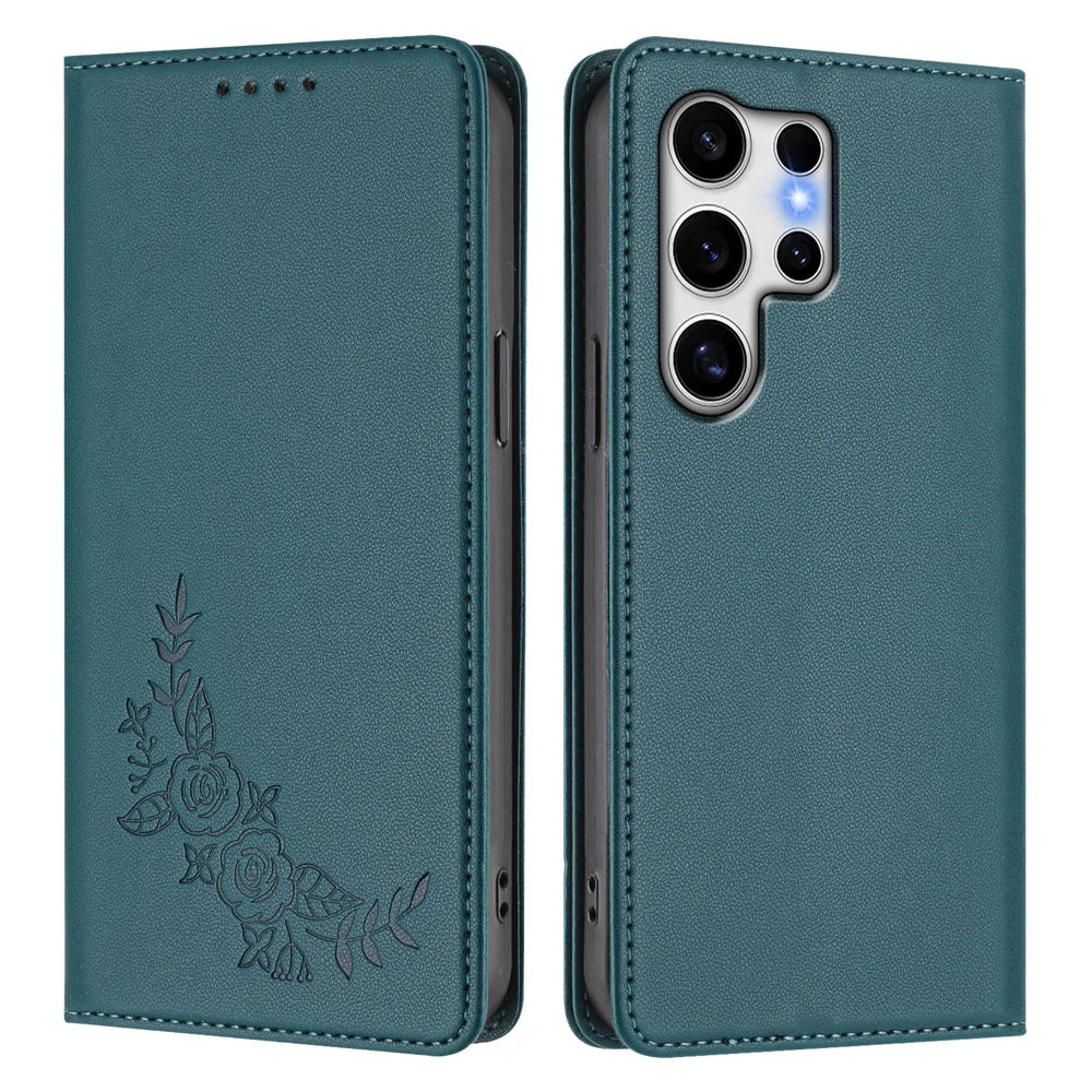 For Samsung Galaxy S25 Ultra Wallet Stand Case Peony Flower Pattern TPU PU Leather Flip Cover - Green - 1