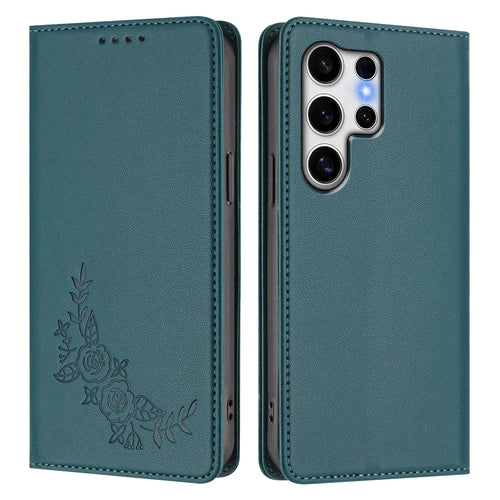 For Samsung Galaxy S25 Ultra Wallet Stand Case Peony Flower Pattern TPU PU Leather Flip Cover - Green - 1