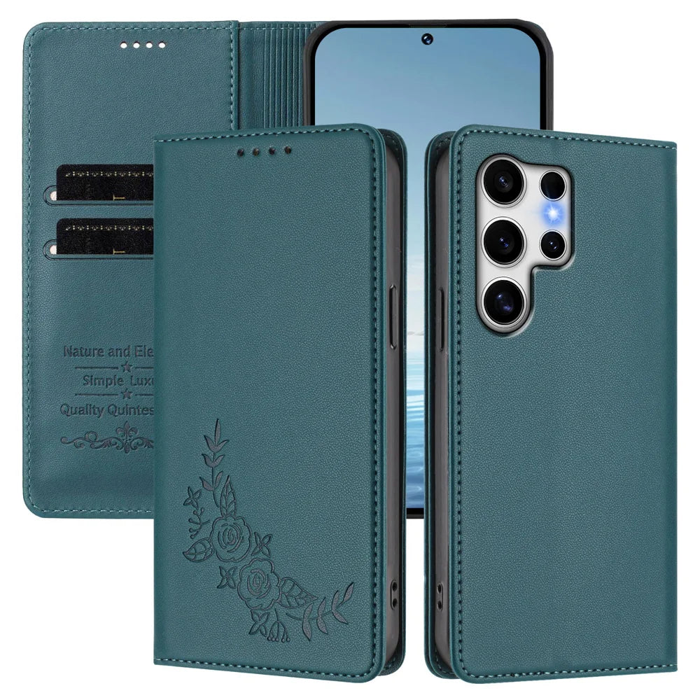 For Samsung Galaxy S25 Ultra Wallet Stand Case Peony Flower Pattern TPU PU Leather Flip Cover - Green - 2