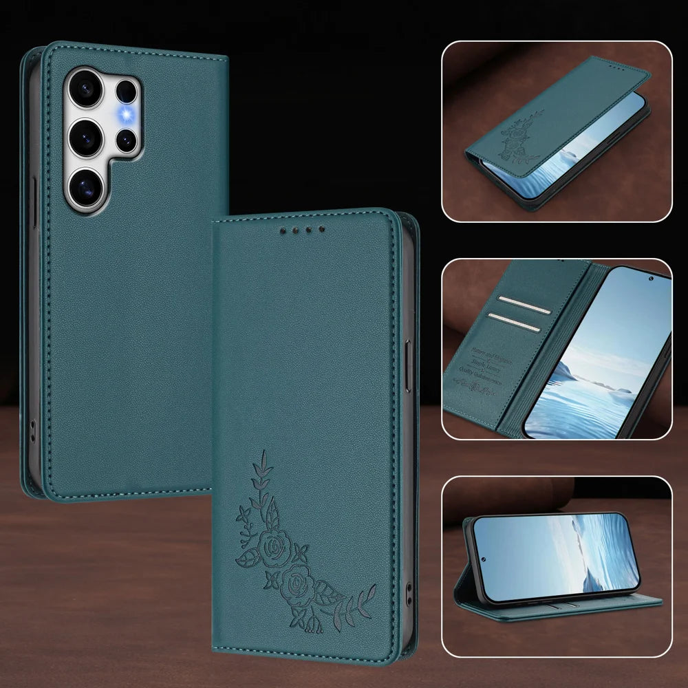 For Samsung Galaxy S25 Ultra Wallet Stand Case Peony Flower Pattern TPU PU Leather Flip Cover - Green - 6
