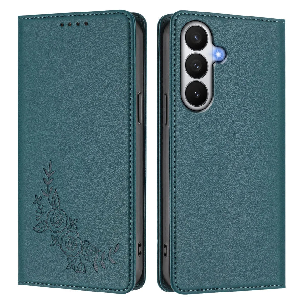 For Samsung Galaxy S26 Wallet Stand Case Peony Flower Pattern TPU PU Leather Flip Cover - Green - 1