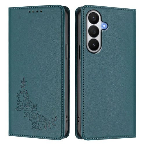 For Samsung Galaxy S26 Wallet Stand Case Peony Flower Pattern TPU PU Leather Flip Cover - Green - 1