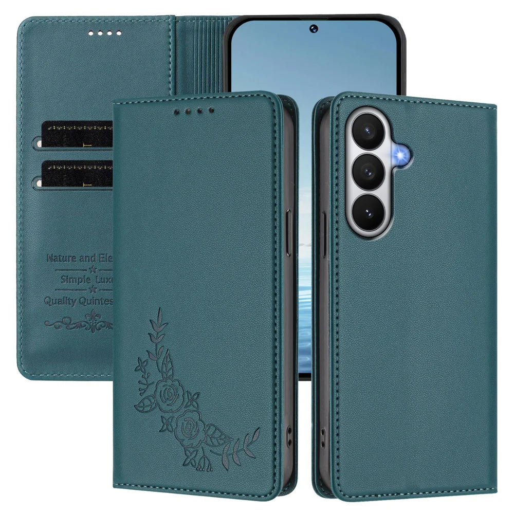 For Samsung Galaxy S26 Wallet Stand Case Peony Flower Pattern TPU PU Leather Flip Cover - Green - 2