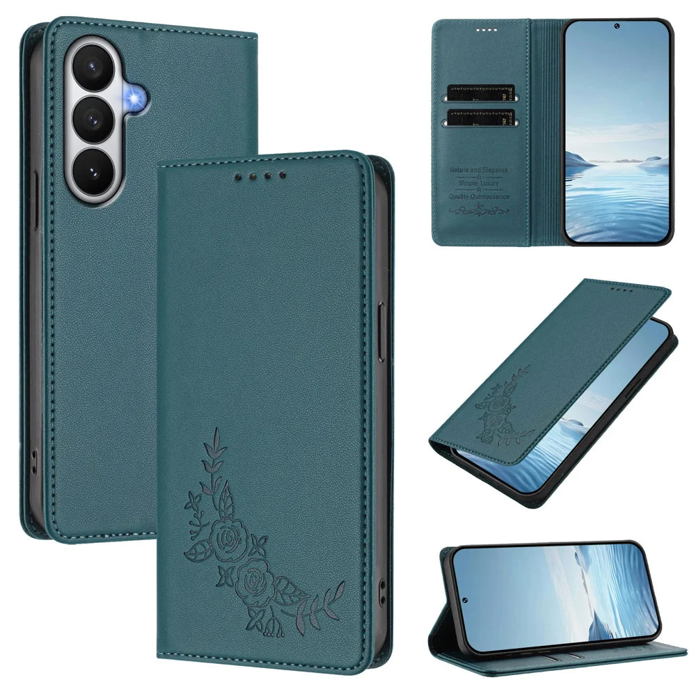 For Samsung Galaxy S26 Wallet Stand Case Peony Flower Pattern TPU PU Leather Flip Cover - Green - 3