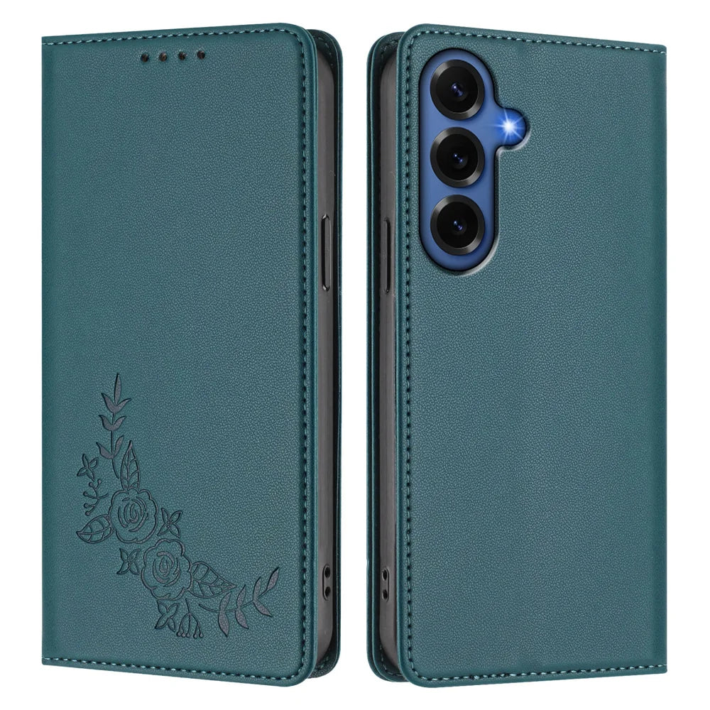 For Samsung Galaxy S26+ Wallet Stand Case Peony Flower Pattern TPU PU Leather Flip Cover - Green - 1