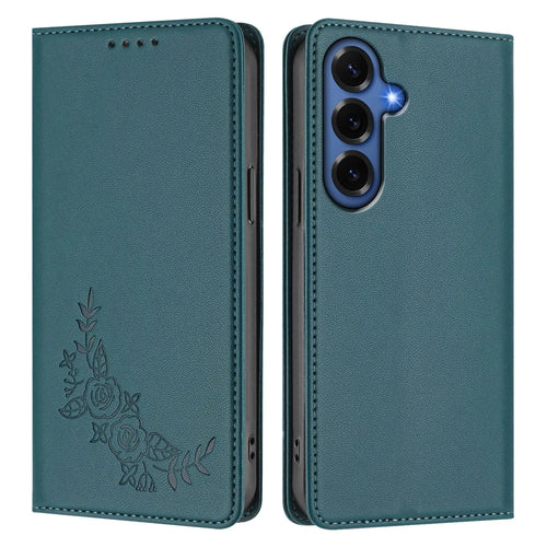 For Samsung Galaxy S26+ Wallet Stand Case Peony Flower Pattern TPU PU Leather Flip Cover - Green - 1