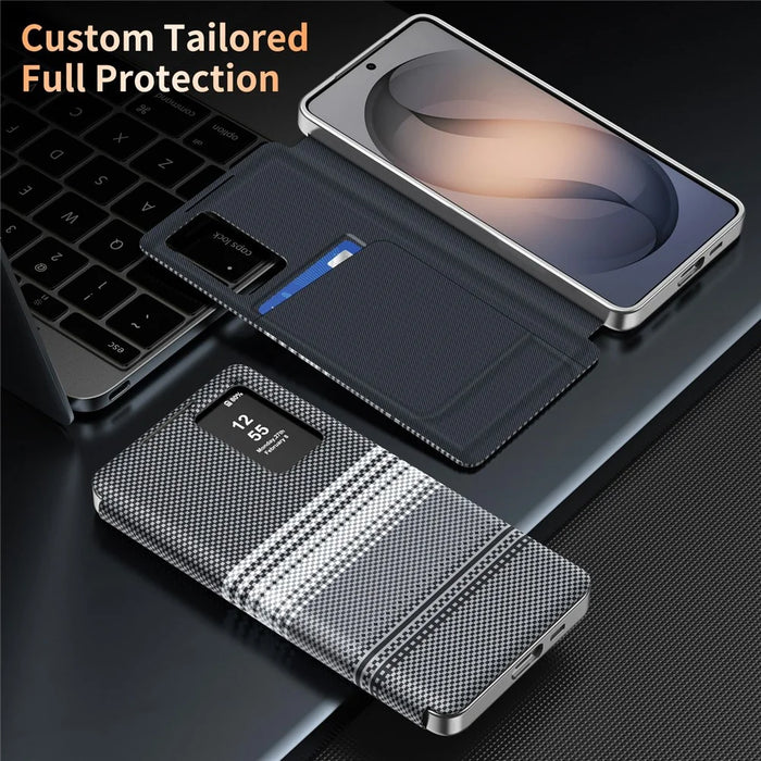 For Samsung Galaxy S25 Edge Case Card Slot View Window Gradient Color Checkered Pattern Leather Phone Cover - Black - 3
