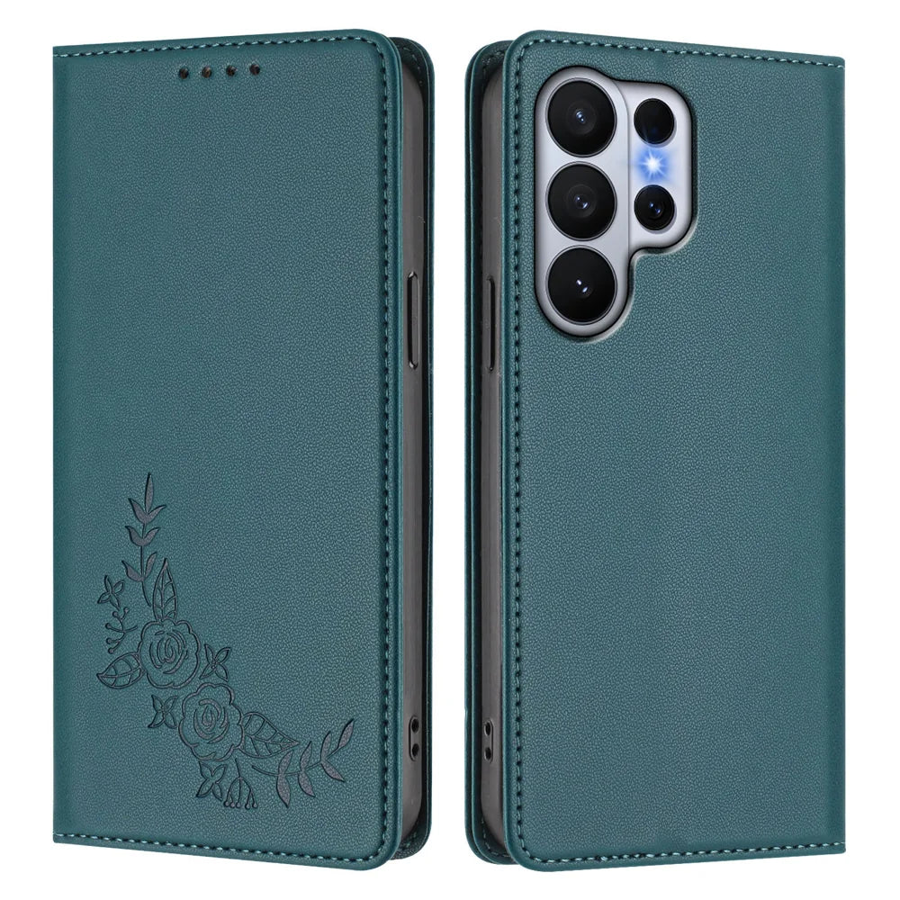 For Samsung Galaxy S26 Ultra Wallet Stand Case Peony Flower Pattern TPU PU Leather Flip Cover - Green - 1