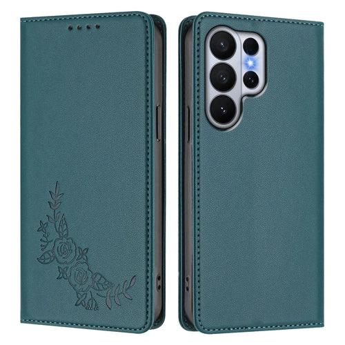 For Samsung Galaxy S26 Ultra Wallet Stand Case Peony Flower Pattern TPU PU Leather Flip Cover - Green - 1