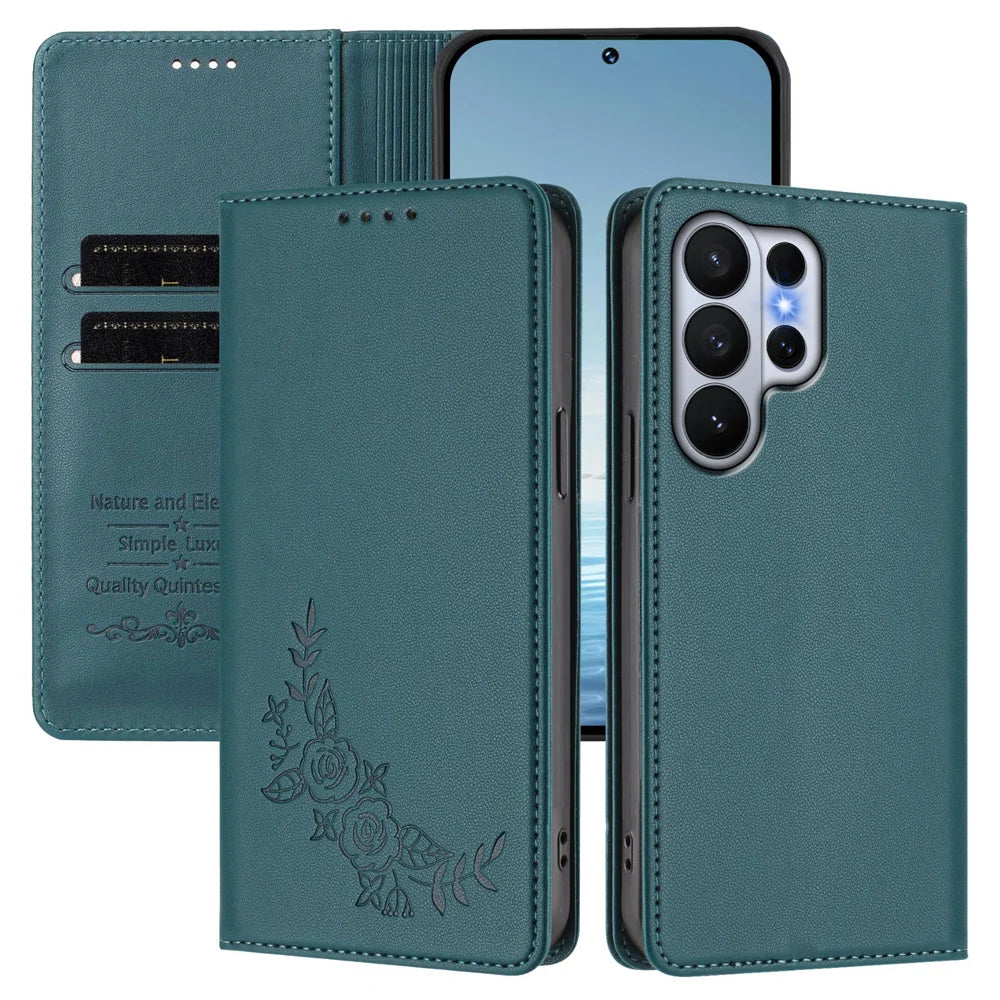 For Samsung Galaxy S26 Ultra Wallet Stand Case Peony Flower Pattern TPU PU Leather Flip Cover - Green - 2