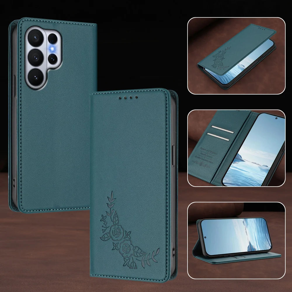 For Samsung Galaxy S26 Ultra Wallet Stand Case Peony Flower Pattern TPU PU Leather Flip Cover - Green - 6