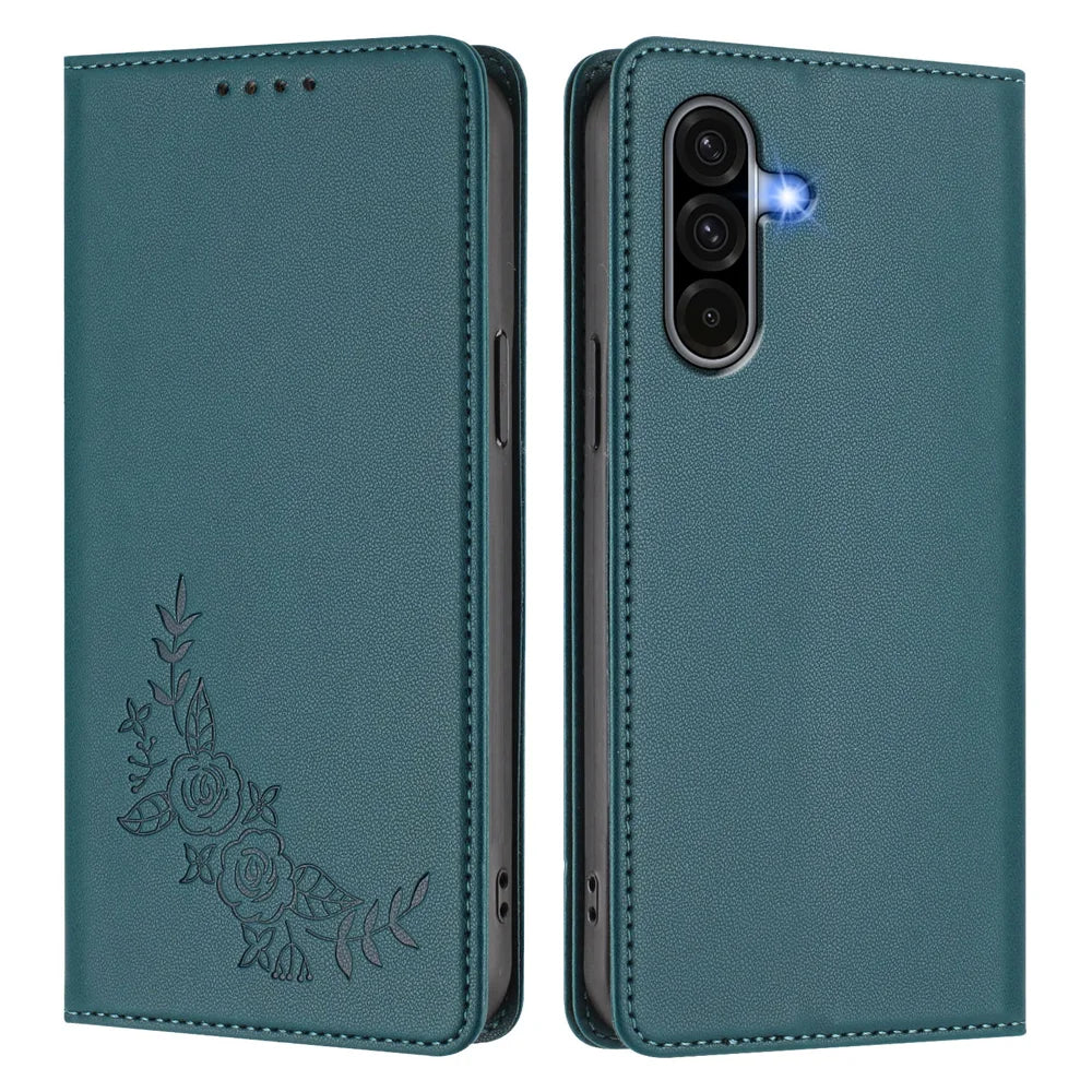For Samsung Galaxy A37 5G / A56 5G / A36 5G Wallet Stand Case Peony Flower Pattern TPU PU Leather Flip Cover - Green - 1