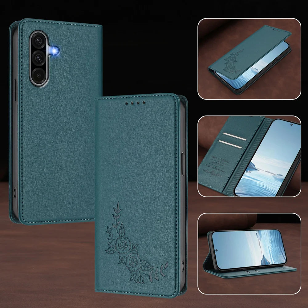 For Samsung Galaxy A37 5G / A56 5G / A36 5G Wallet Stand Case Peony Flower Pattern TPU PU Leather Flip Cover - Green - 6