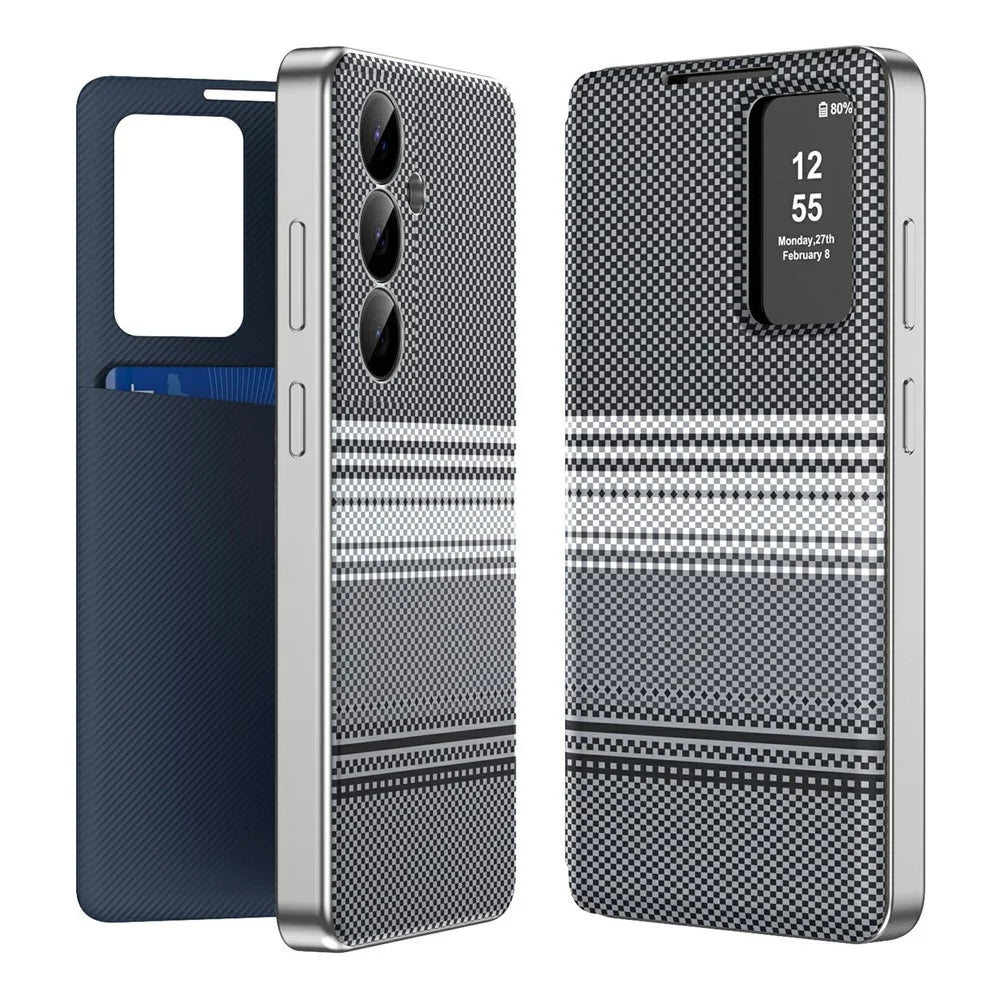 For Samsung Galaxy S23 FE Case Card Slot View Window Gradient Color Checkered Pattern Leather Phone Cover - Black - 1