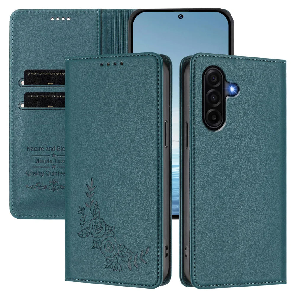 For Samsung Galaxy A57 5G Wallet Stand Case Peony Flower Pattern TPU PU Leather Flip Cover - Green - 2